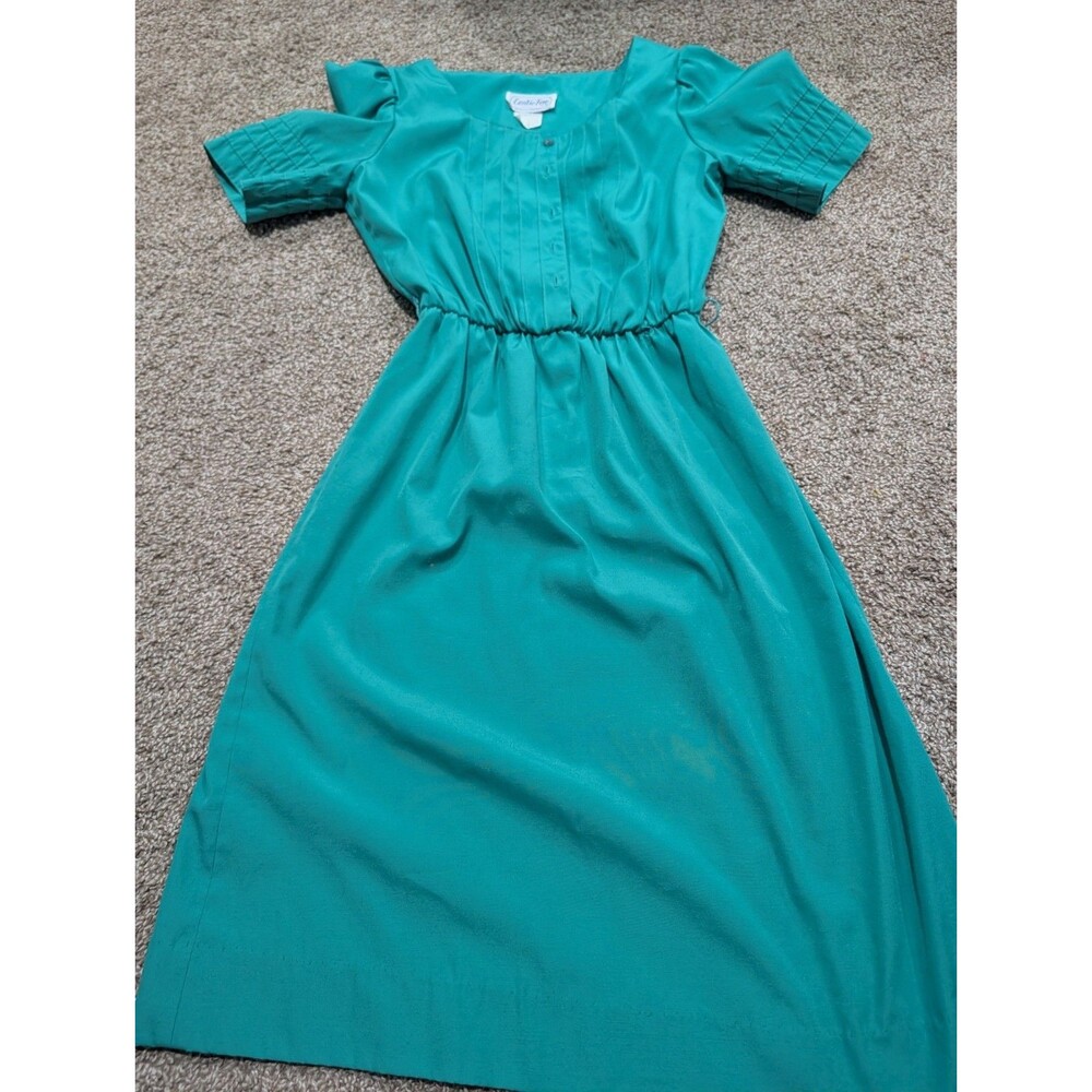 Vintage Leslie Fay Teal Puff Sleeve Midi Dress Size 10 Union Made
